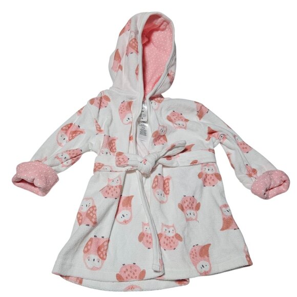 Carters Baby Pink Owl Hooded Bathrobe Size 0-9 Months Soft Terry Cloth Bath Cozy - Picture 1 of 6